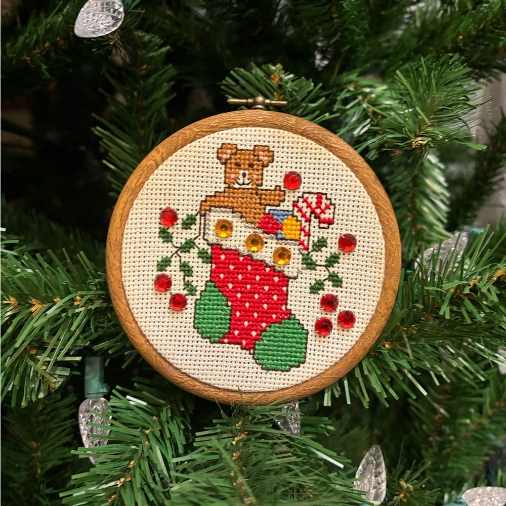 Vintage Holiday Finished Cross-Stitch Ornament with Bear and Stocking